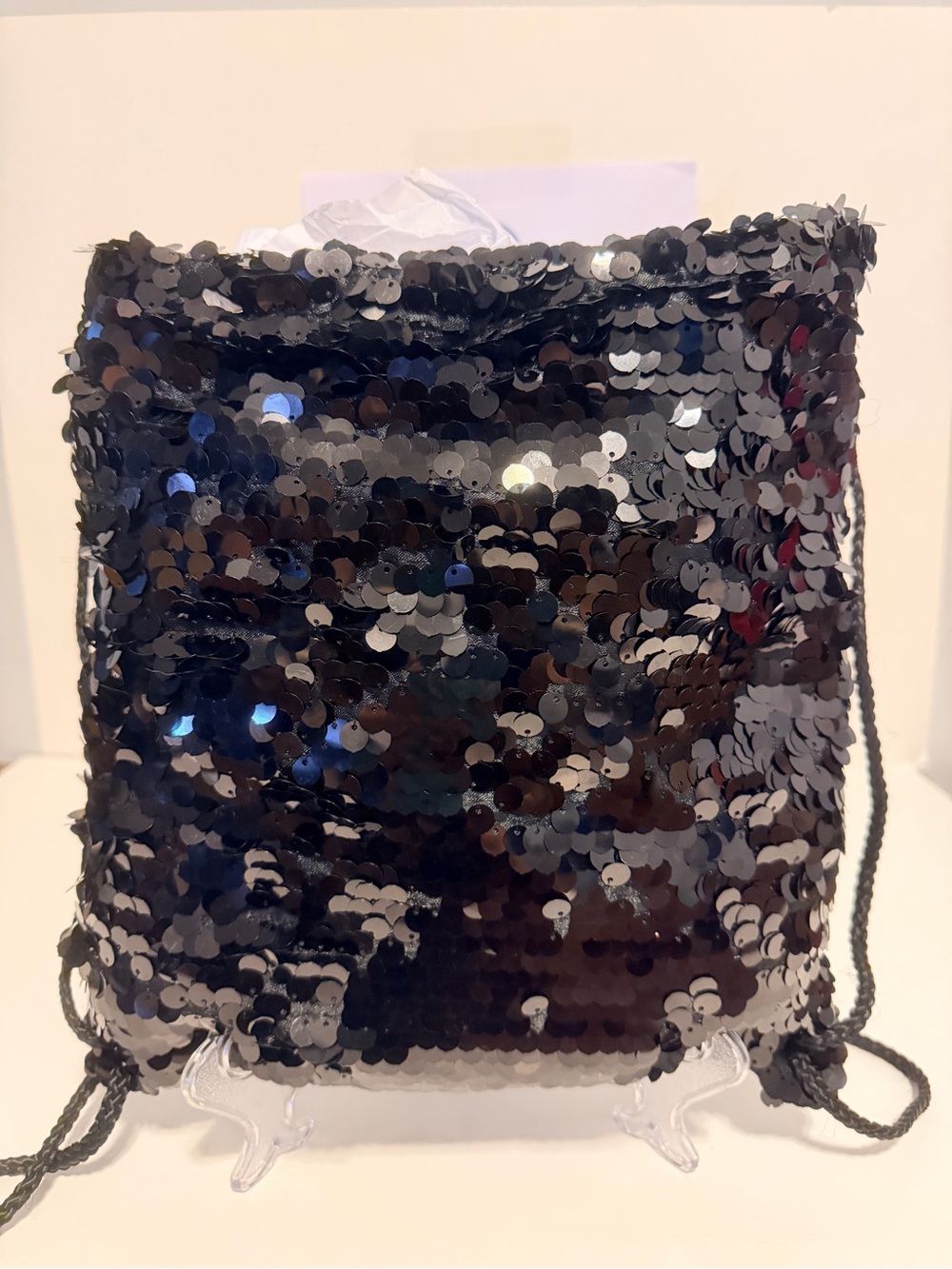 Black Sequined Drawstring Backpack - Picture 2 of 7